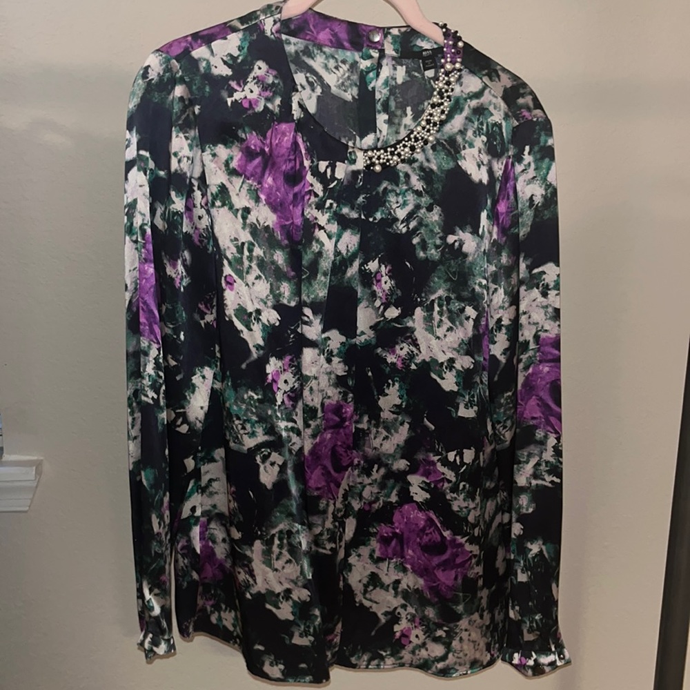 GORGEOUS beaded silk floral Hugo Boss blouse!